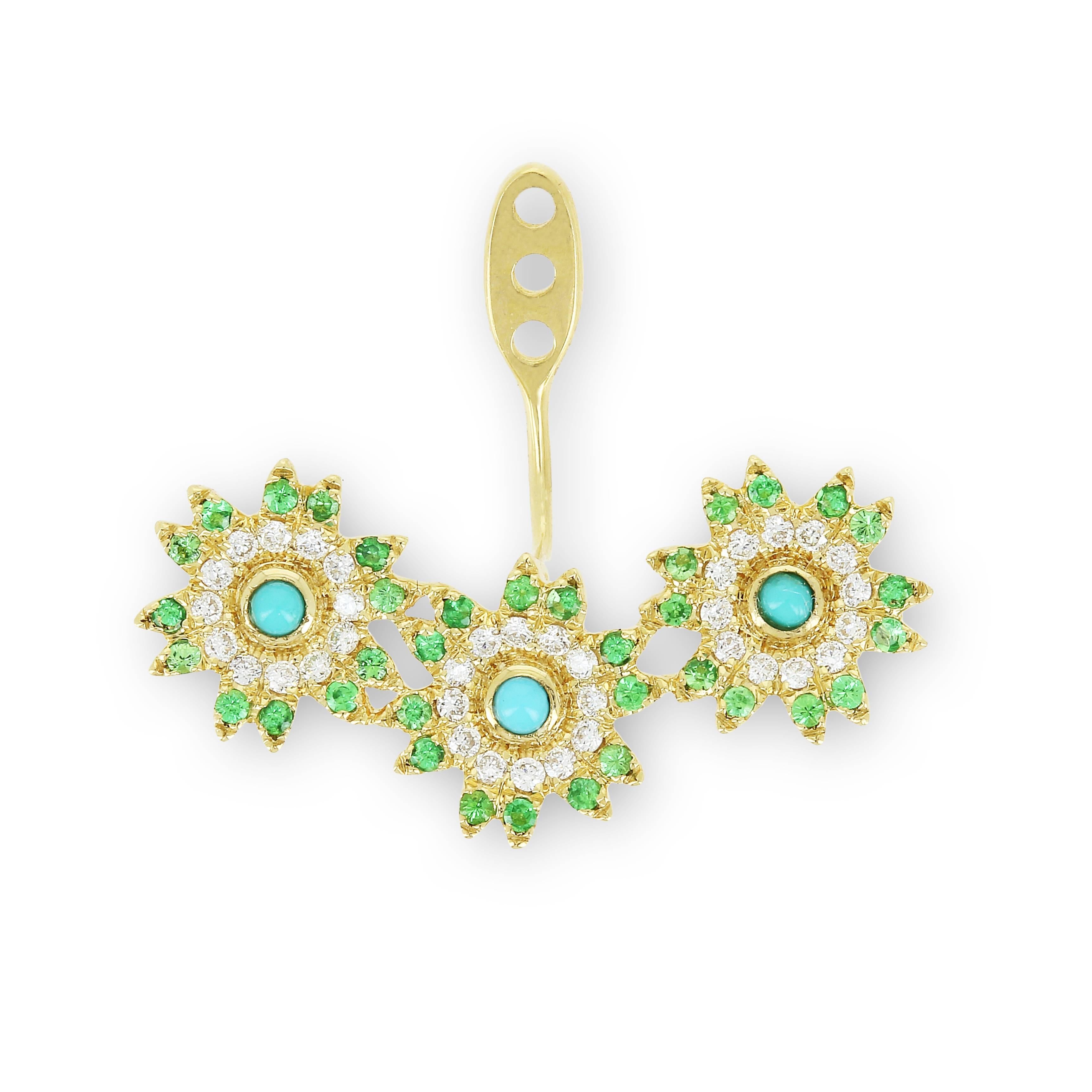 Yvonne Leon's Earring in 18 Karat Gold with Diamonds, Turquoise, Tsavorites In New Condition In Paris, FR