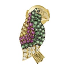 Yvonne leon's Pair of Earring Parrot in 18K Yellow Gold with Diamonds Tsavorites