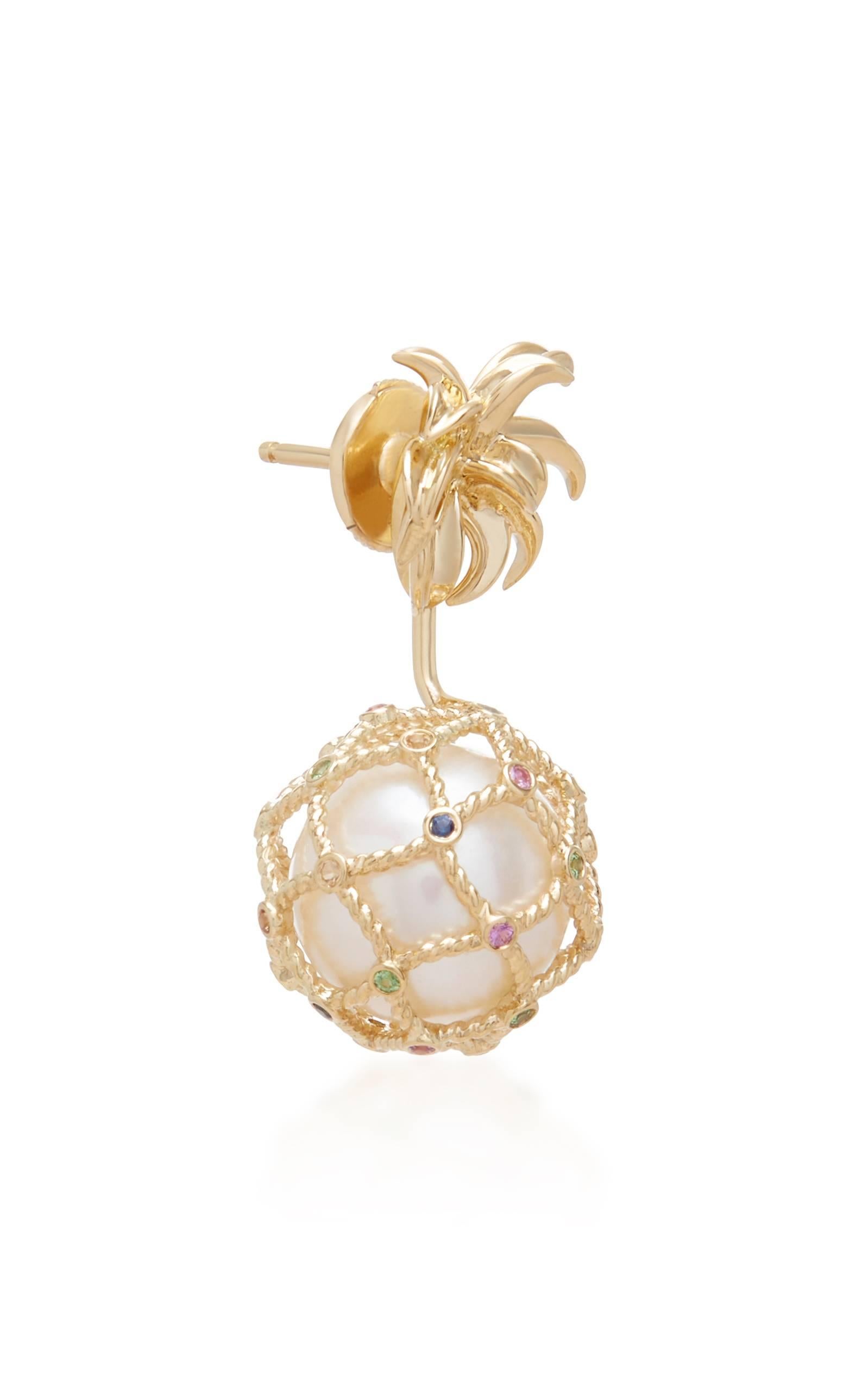 Yvonne Leon's Earring Pineapple in 18 Karat Gold Pearl and Multicolored Sapphire In New Condition In Paris, FR