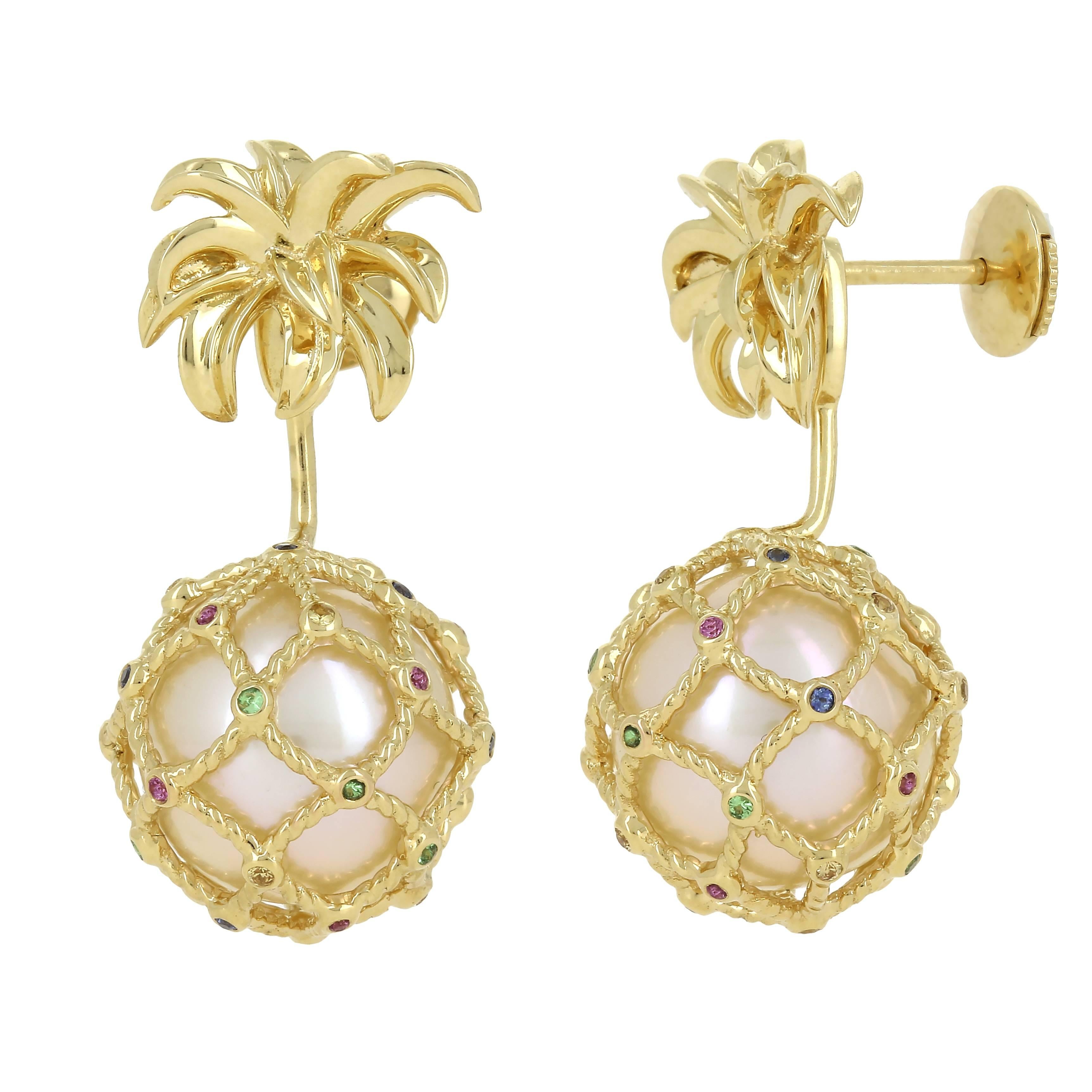 Yvonne Leon's Earring Pineapple in 18 Karat Gold Pearl and Multicolored Sapphire
