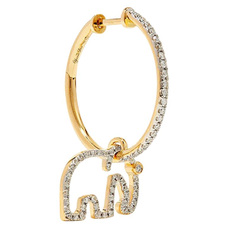 Yvonne Leon's Elephant Hoop Earring in 18 Carat Yellow Gold Diamonds For Sale