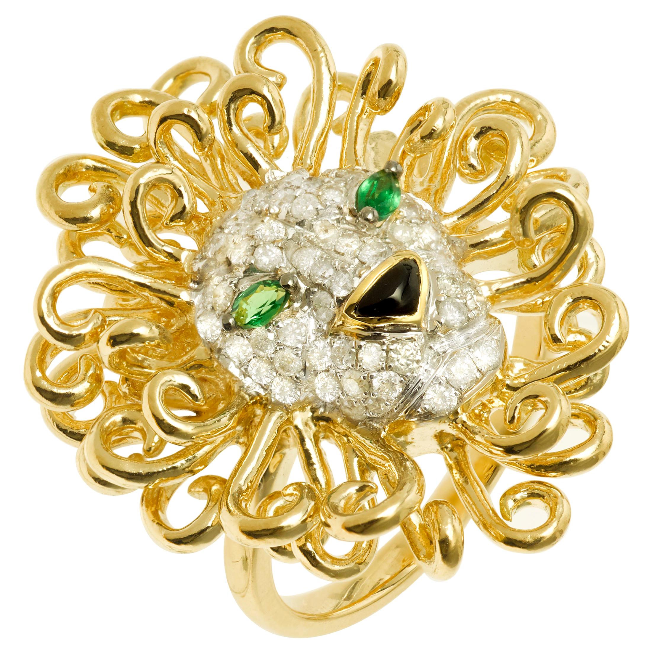 Yvonne Leon's Lion Ring in 18 Karat Yellow Gold, Diamonds and Tsavorites For Sale