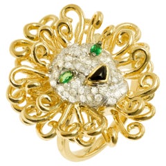 Yvonne Leon's Lion Ring in 18 Karat Yellow Gold, Diamonds and Tsavorites