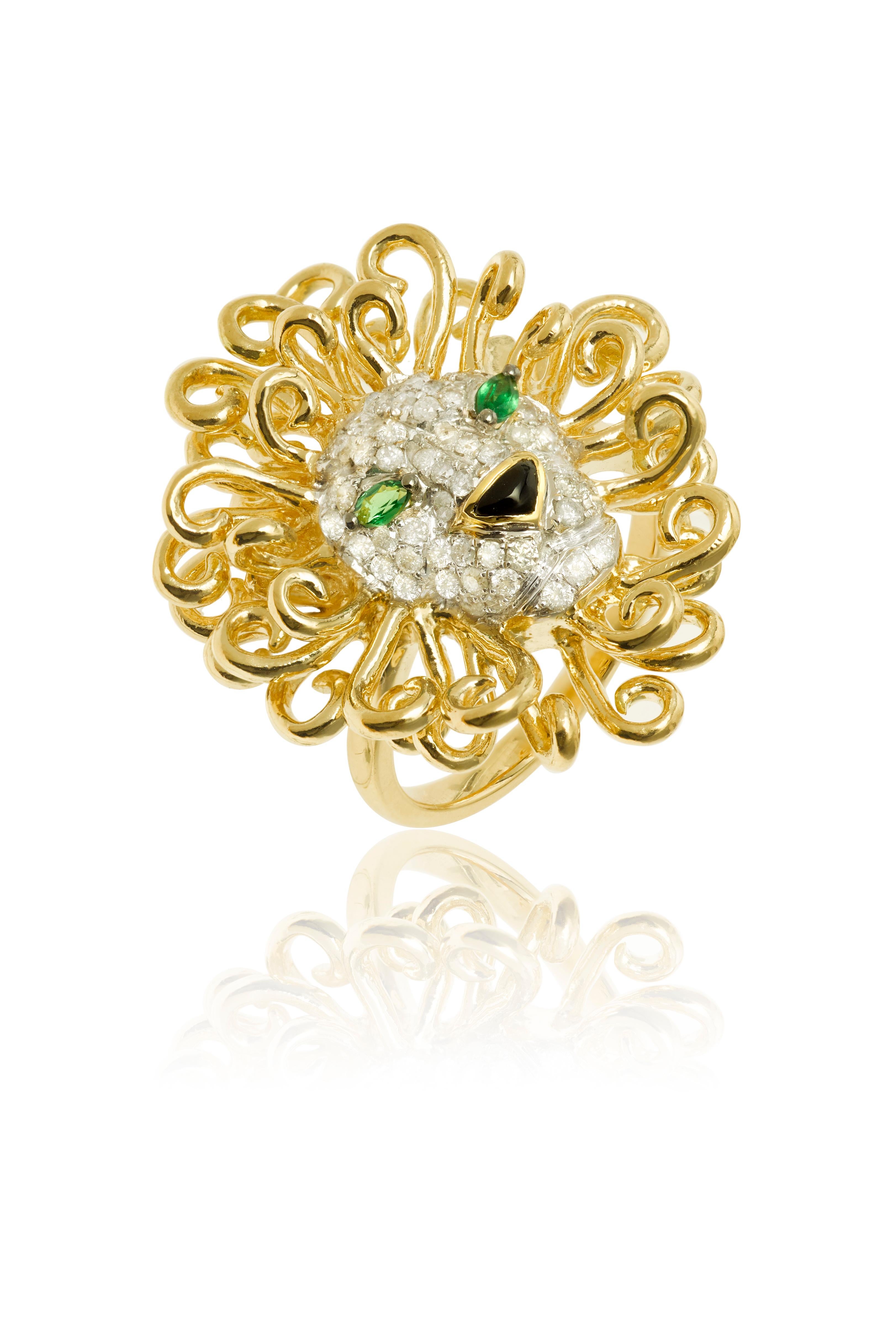 Round Cut Yvonne Leon's Lion Ring in 18 Karat Yellow Gold, Diamonds and Tsavorites For Sale
