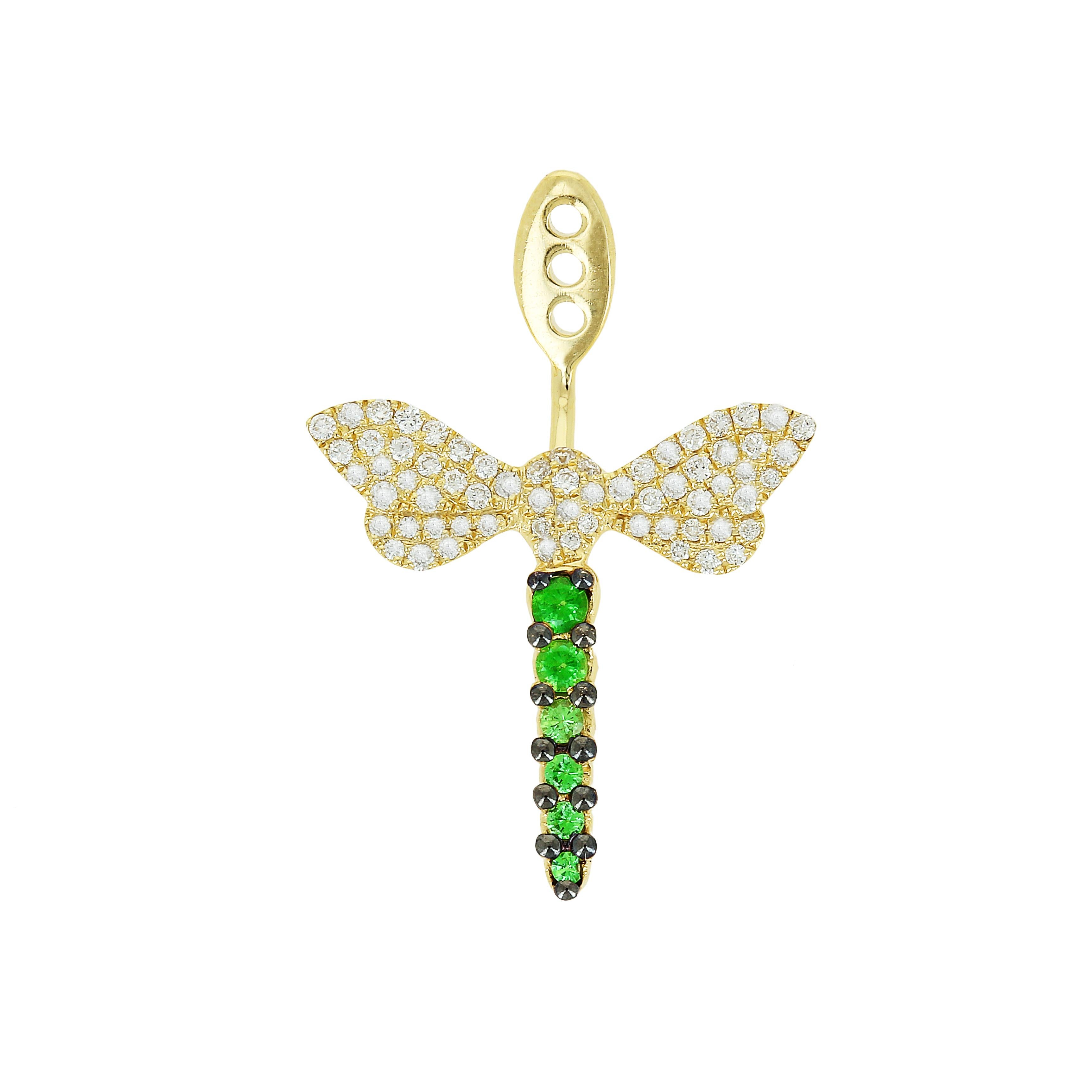 Round Cut Yvonne Leon's Pair of Dragonfly Earrings in Diamonds and Tsavorites For Sale