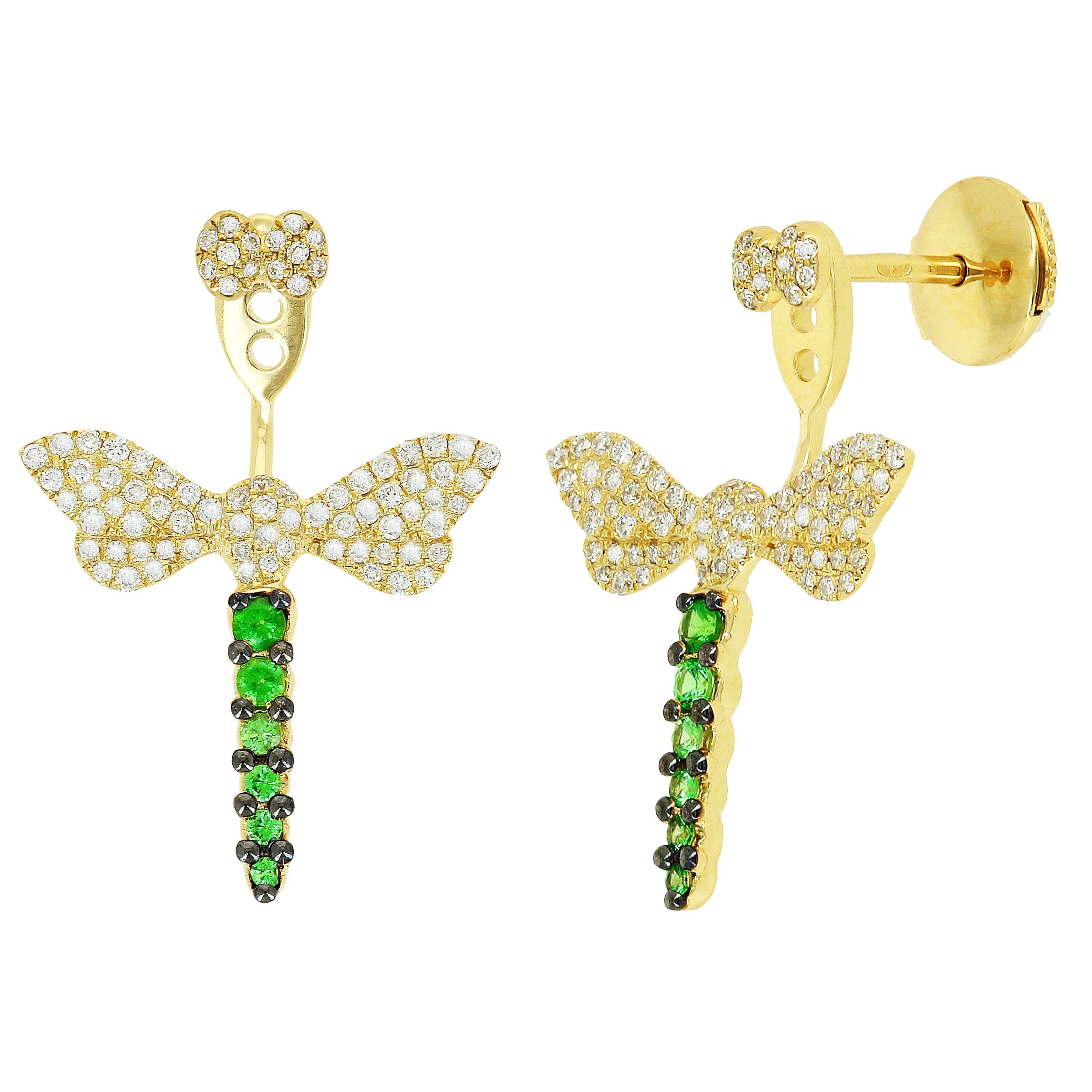 Yvonne Leon's Pair of Dragonfly Earrings in Diamonds and Tsavorites For Sale