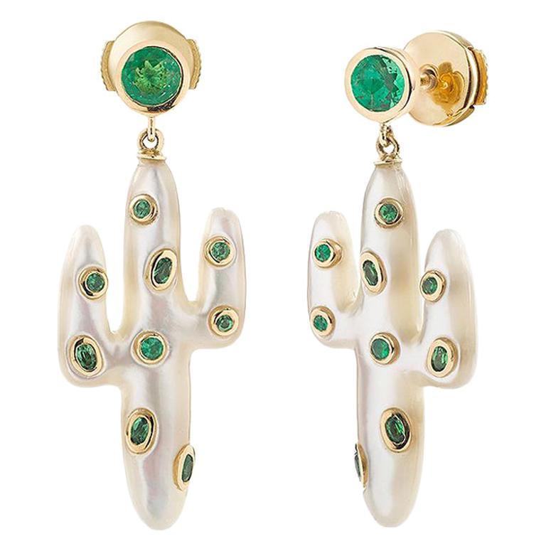 Yvonne Leon's Pair of Earring Cactus in Yellow Gold 18 Carat with Tsavorites For Sale