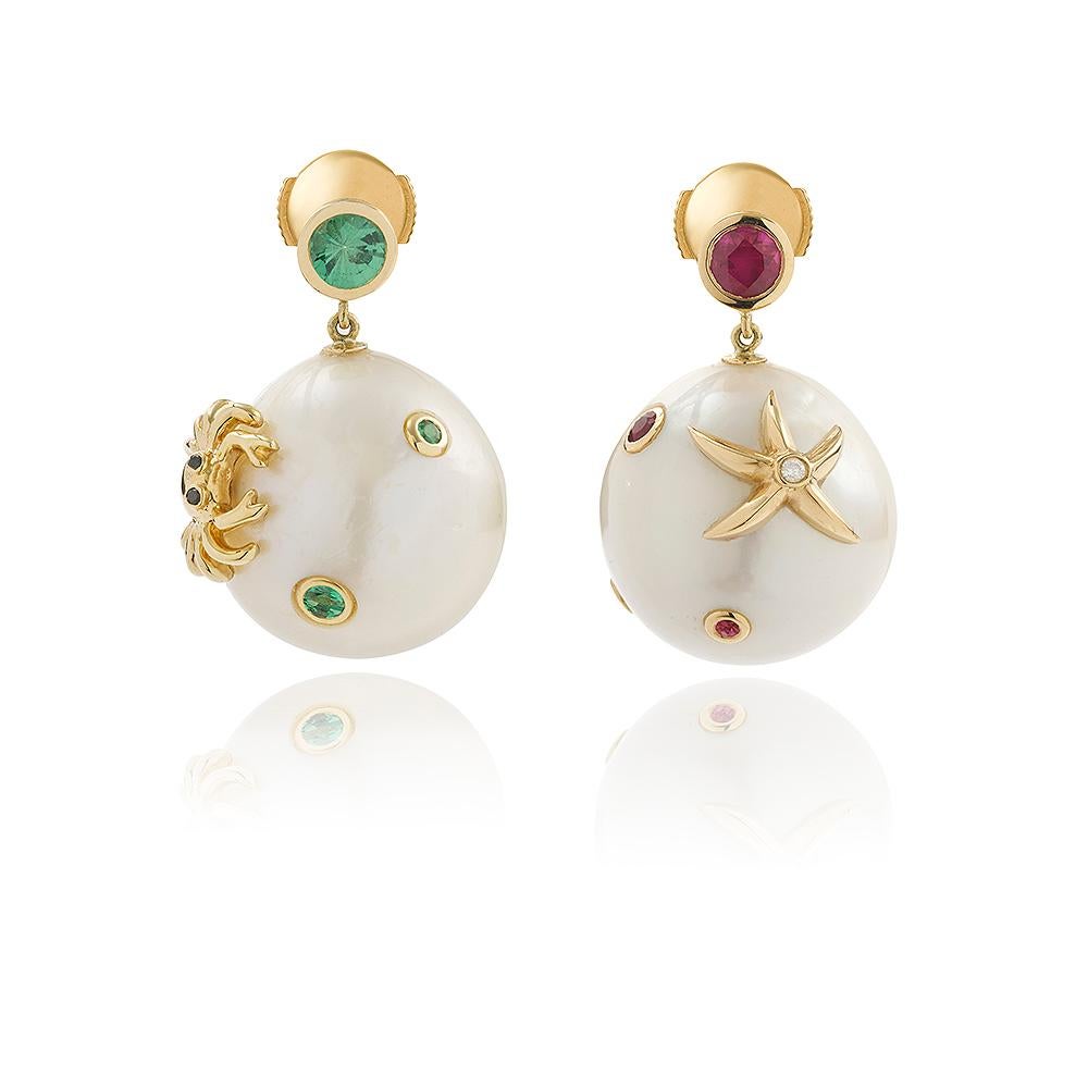Women's or Men's Yvonne Leon's Pair of Earrings in 18 Carat Yellow Gold Pearls Tsavorite and Ruby For Sale