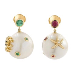 Yvonne Leon's Pair of Earrings in 18 Carat Yellow Gold Pearls Tsavorite and Ruby