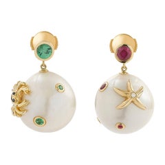 Yvonne Leon's Pair of Earrings in 18 Carat Yellow Gold Pearls Tsavorite and Ruby