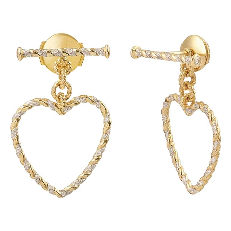Yvonne Leon's Pair of Heart Earrings In 18 Karat Yellow Gold with Diamonds For Sale