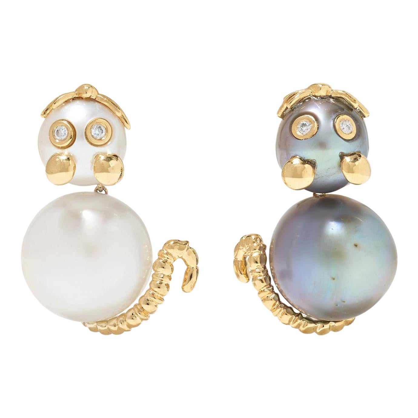 Yvonne Leon's Pair of Mismatch Mouse Earrings in 18K Gold in Diamonds and Pearls For Sale