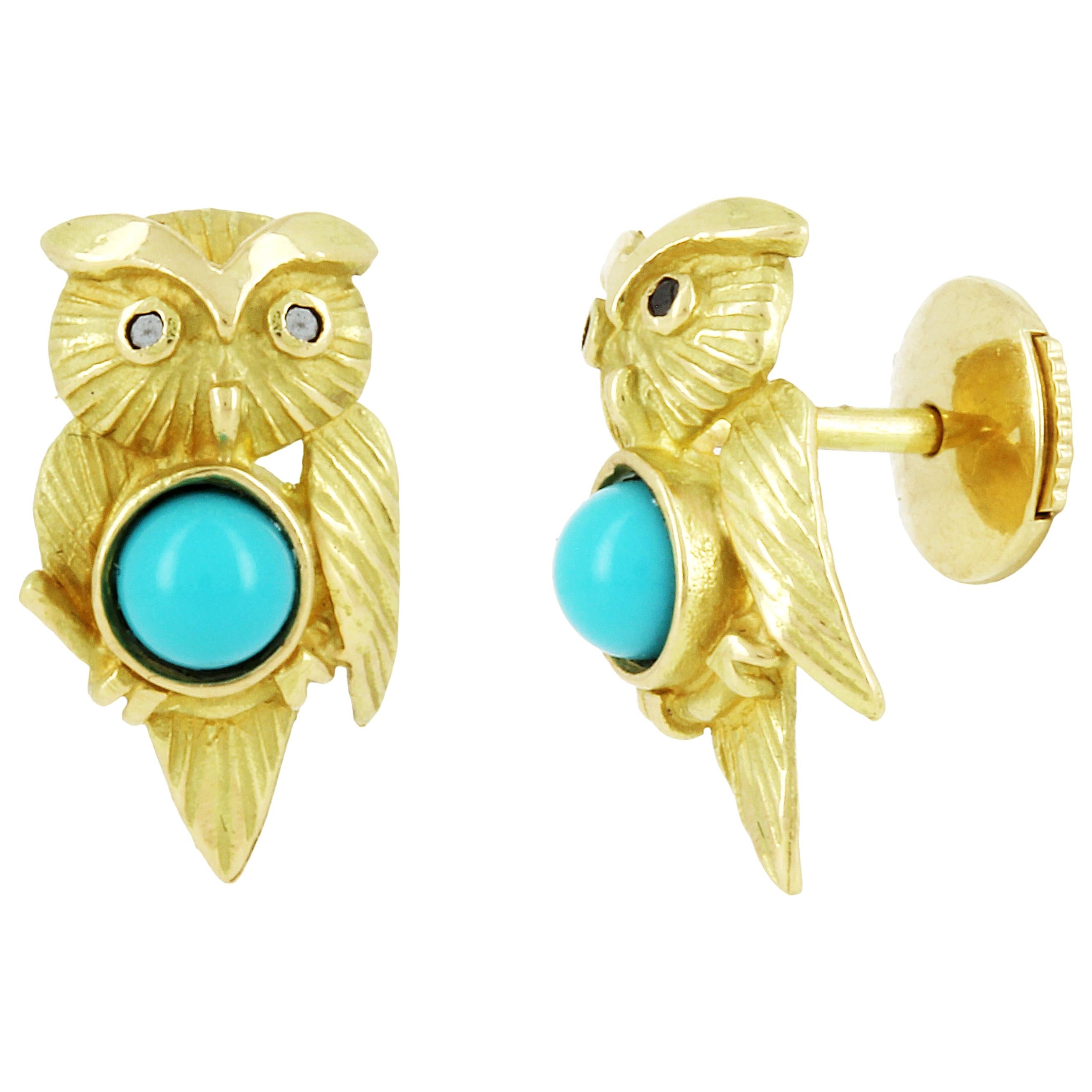 Yvonne Leon's Pair of Owl Earrings Studs in 18 Carat Yellow Gold and Turquoises For Sale