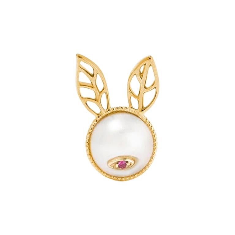 Yvonne Leon's Pair of Rabbit Earrings in 18 Karat Gold, Pearl and Ruby For Sale