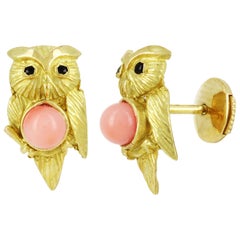 Yvonne Leon's Pari of Owl Earrings Studs in Yellow Gold 18 Carat and Corals