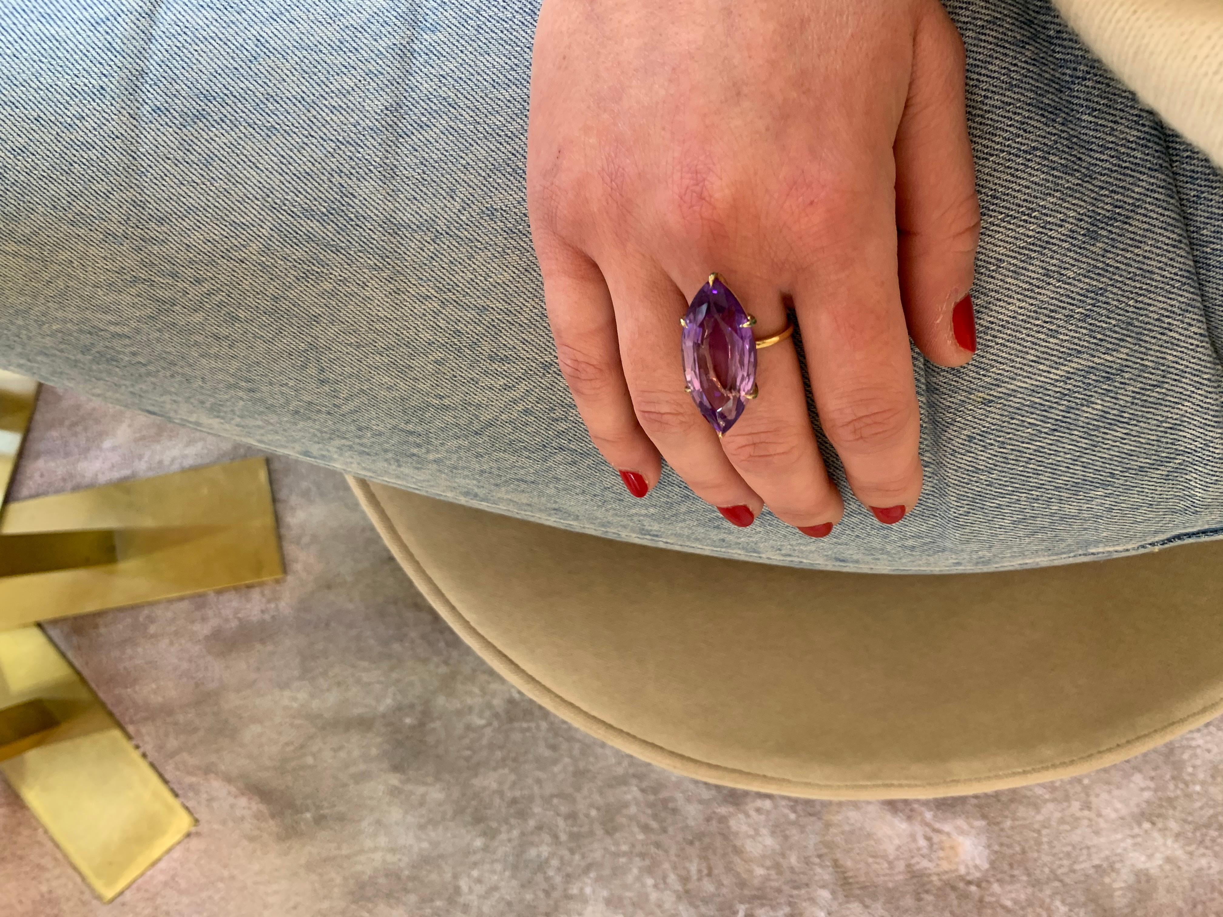 Yvonne Leon's Ring Marquise Amethyst in 9 Carat Yellow Gold with Tsavorites In New Condition For Sale In Paris, FR