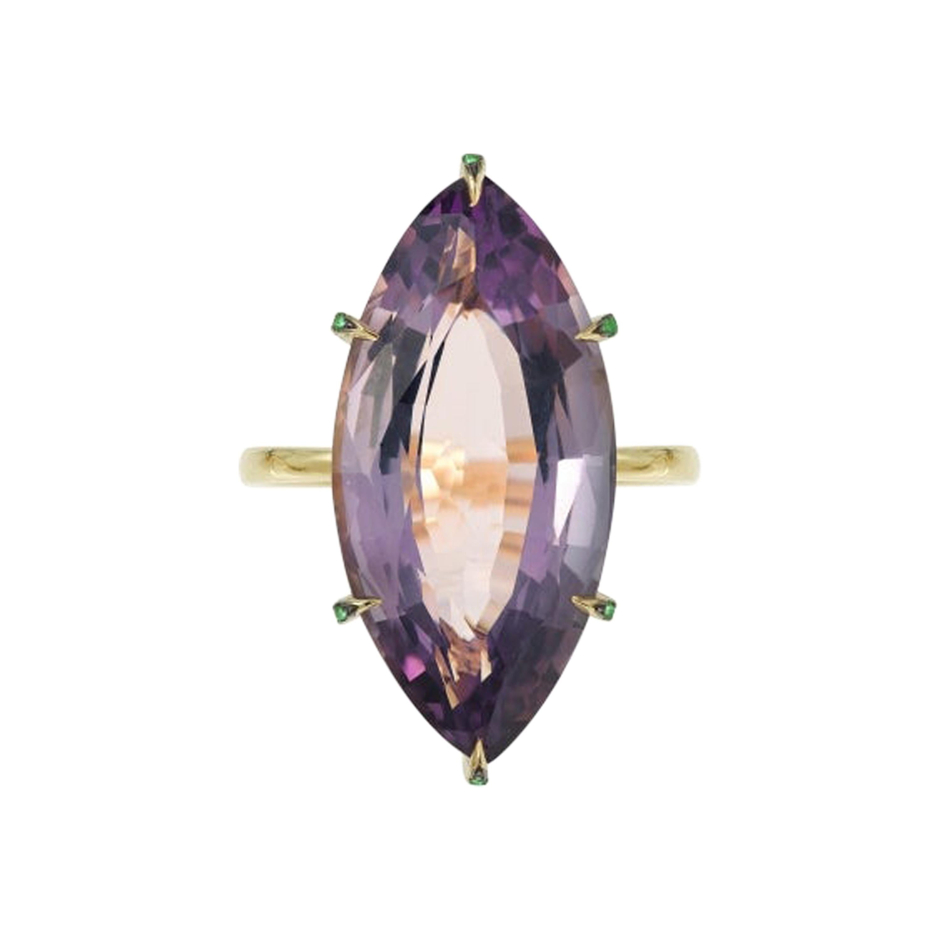 Yvonne Leon's Ring Marquise Amethyst in 9 Carat Yellow Gold with Tsavorites For Sale