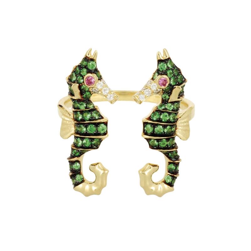 Yvonne Leon's Sea Horse Ring in 18 Karat Gold with Diamonds, Tsavorites In New Condition For Sale In Paris, FR