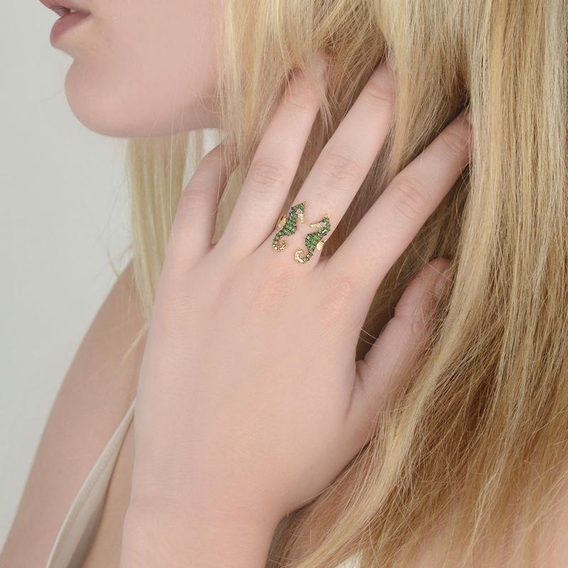 Women's or Men's Yvonne Leon's Sea Horse Ring in 18 Karat Gold with Diamonds, Tsavorites For Sale