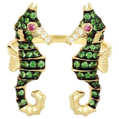 Yvonne Leon's Sea Horse Ring in 18 Karat Gold with Diamonds, Tsavorites