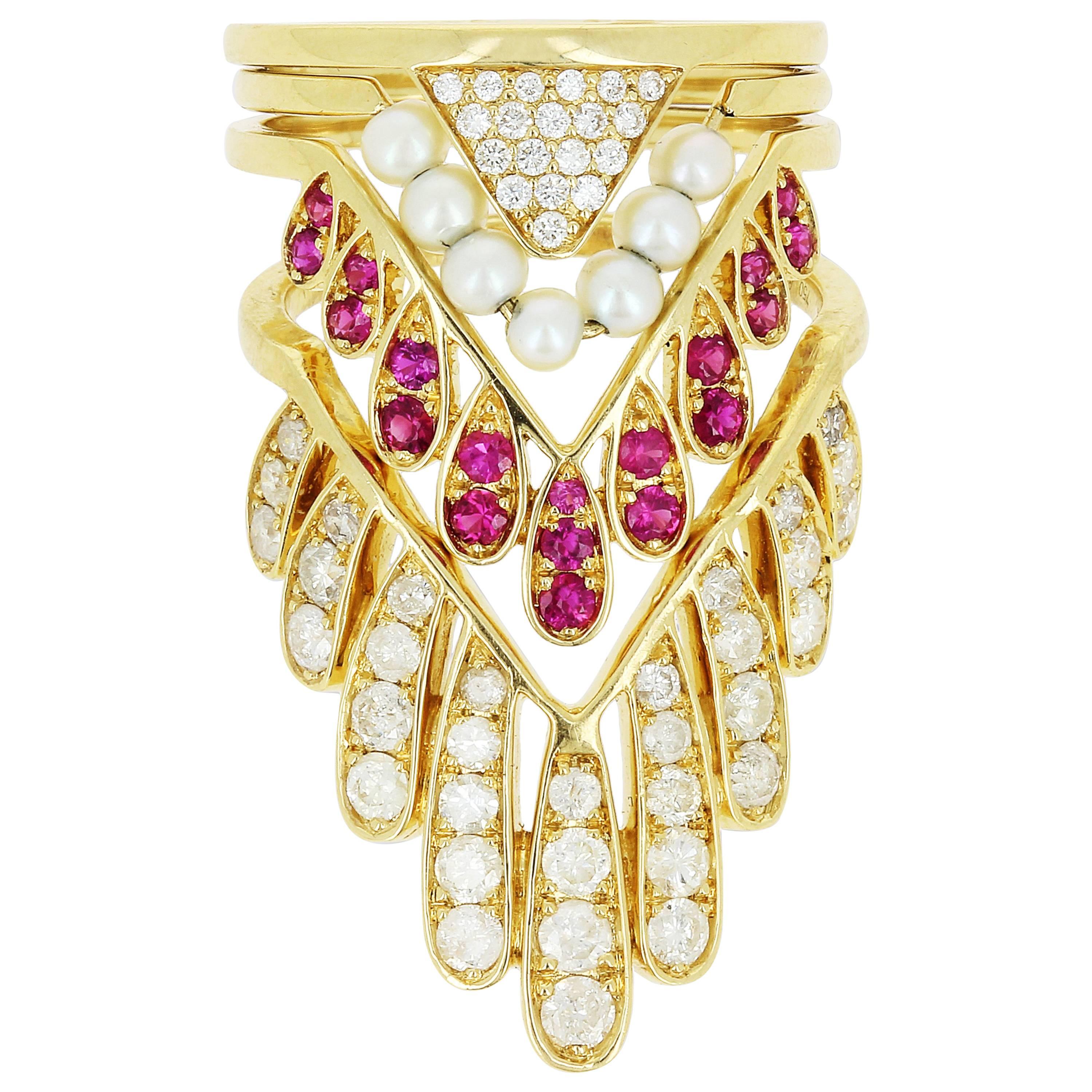 Yvonne Leon's Set of Four Rings in 18 Karat Yellow Gold with Diamonds and Ruby For Sale