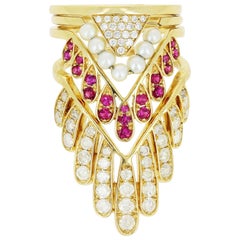 Yvonne Leon's Set of Four Rings in 18 Karat Yellow Gold with Diamonds and Ruby
