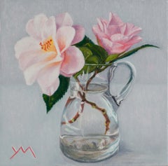 "Camellias from my Garden II" – Floral Oil Painting in Glass Vase Still Life