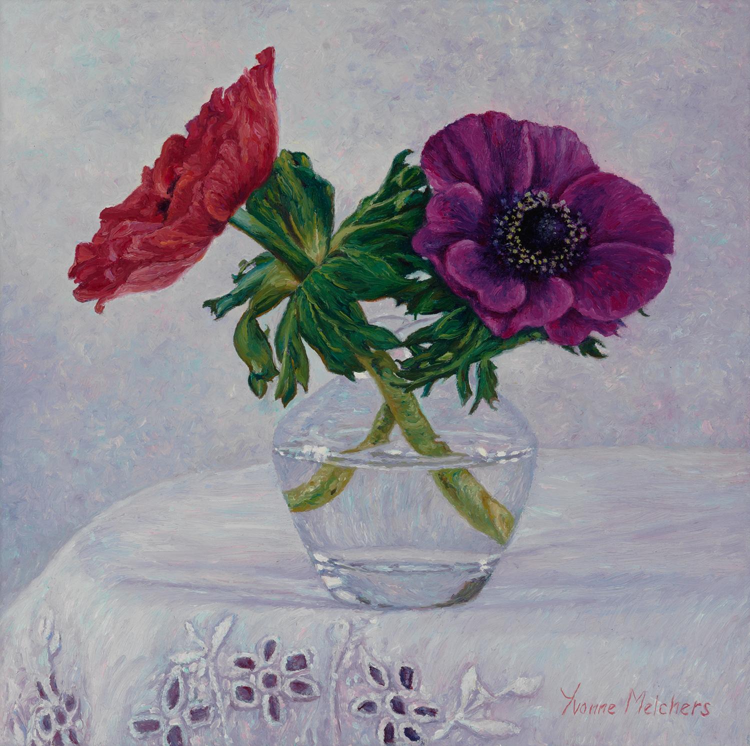 Still-Life Painting Yvonne Melchers - "Verre avec anémone rouge et violette ", nature morte à l'huile