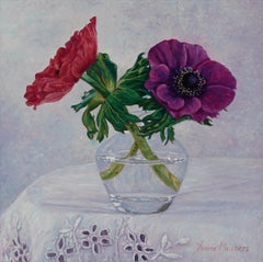 "Verre avec anémone rouge et violette ", nature morte à l'huile