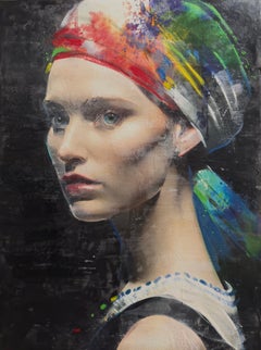 ''Maud'' Portrait contemporain néerlandais d'une jeune fille, peinture en techniques mixtes