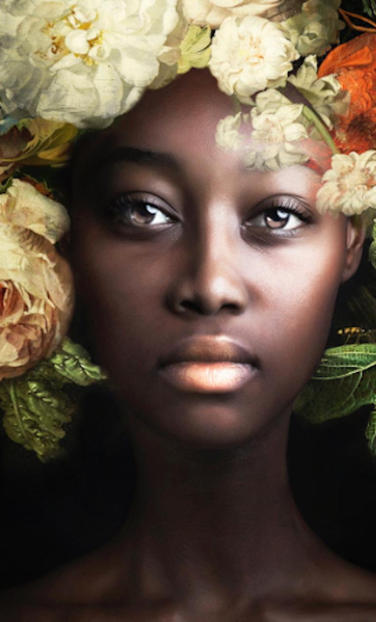 ''Fading Flowers Blossom'' Portrait of Girl with 17th Century Flower Still-Life  - Contemporary Photograph by Yvonne Michiels