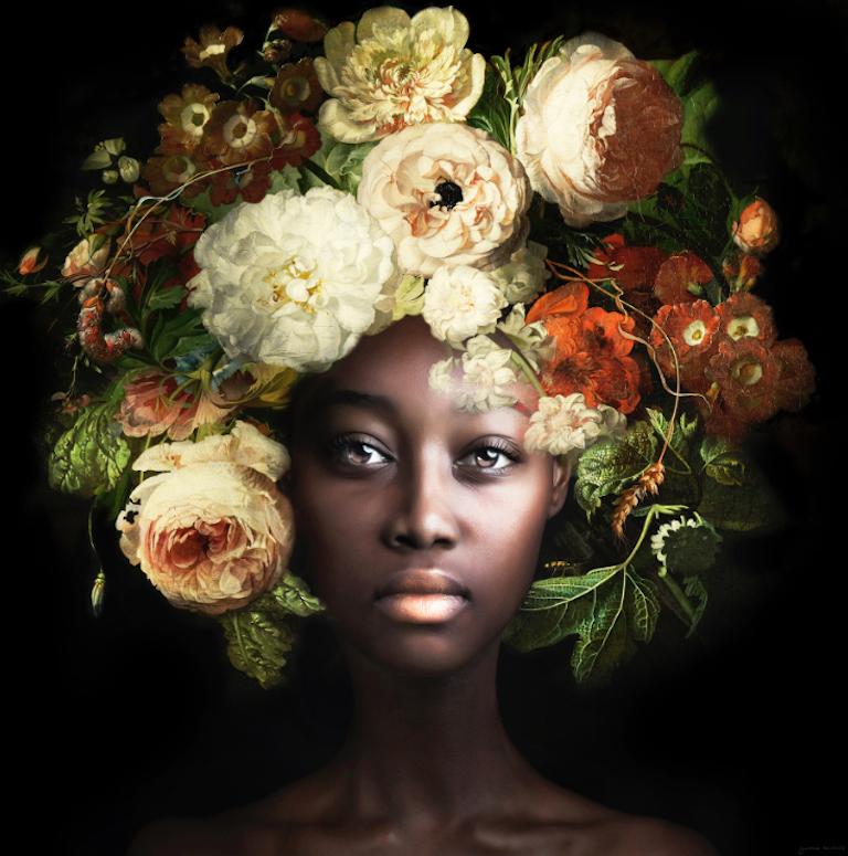 Yvonne Michiels Portrait Photograph - ''Fading Flowers Blossom'' Portrait of Girl with 17th Century Flower Still-Life 