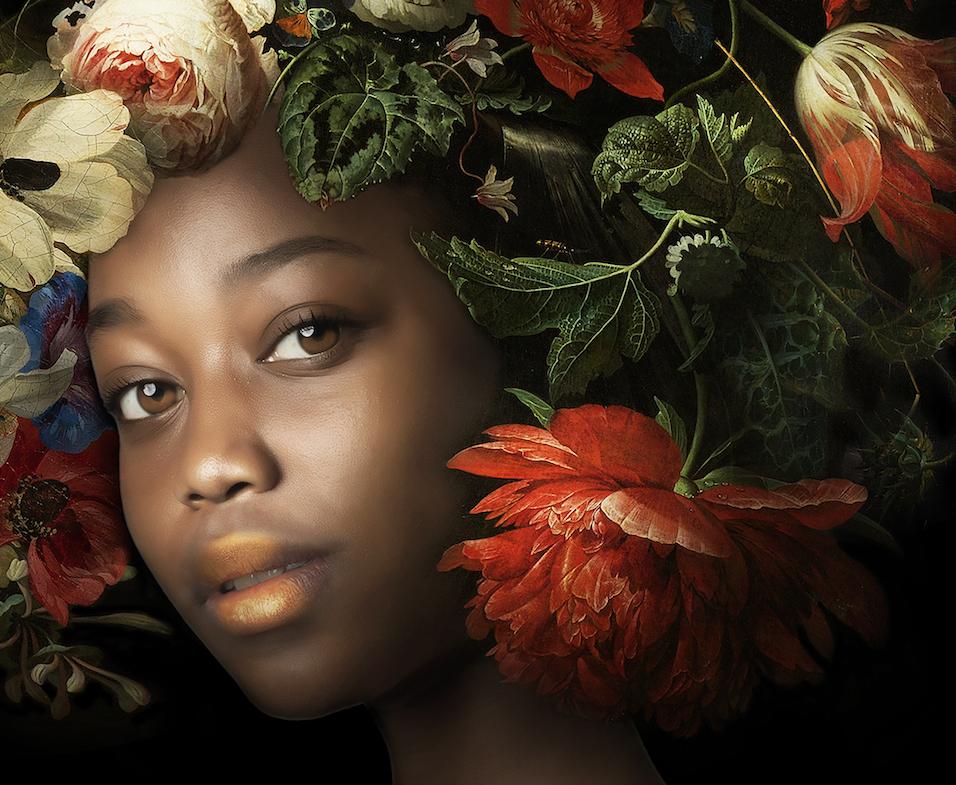 ''Fading Flowers Rose'' Portrait of Girl with 17th Century Flower Still-Life - Photograph by Yvonne Michiels