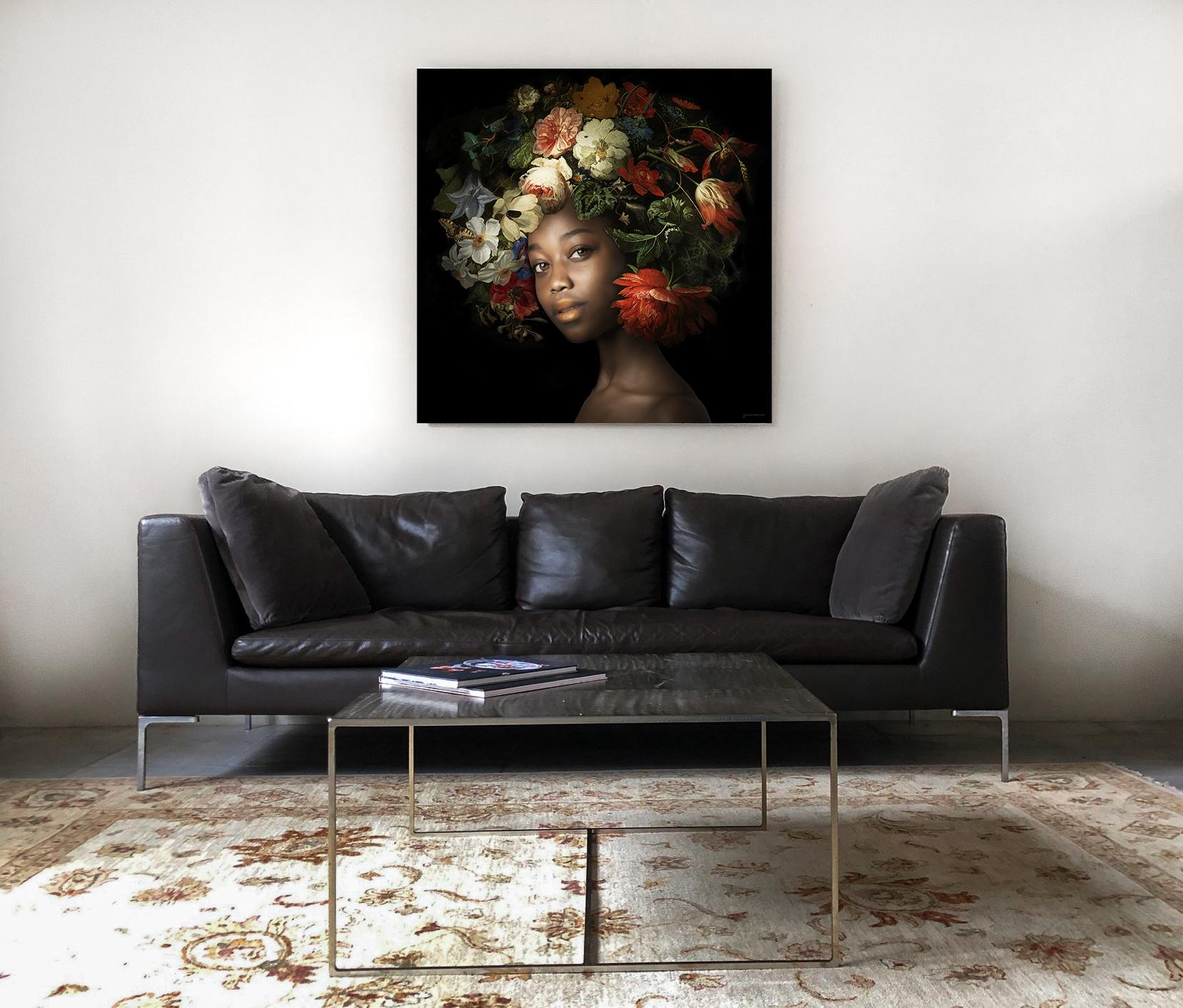 ''Fading Flowers Rose'' Portrait of Girl with 17th Century Flower Still-Life - Black Portrait Photograph by Yvonne Michiels