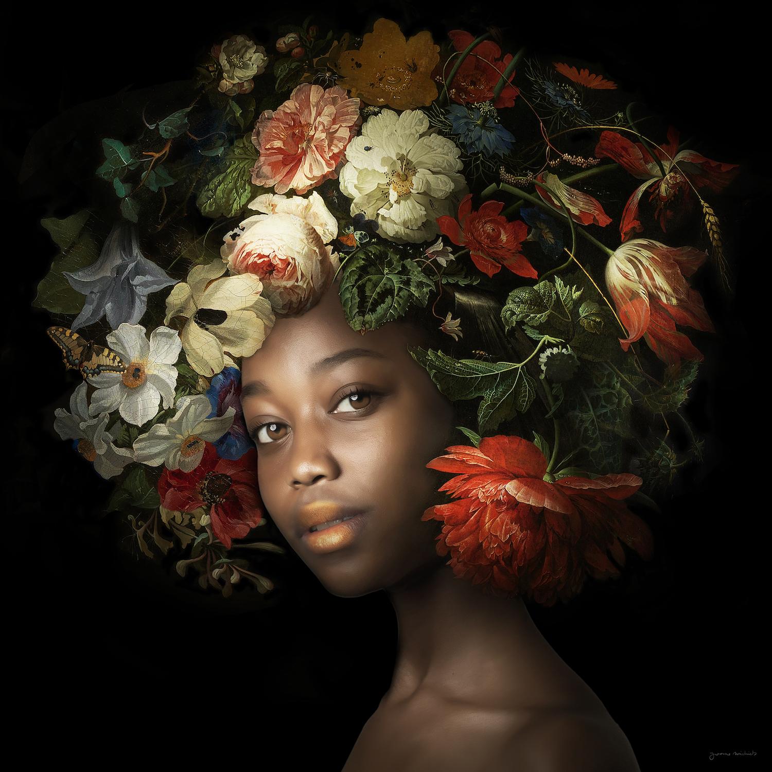 Yvonne Michiels Portrait Photograph - ''Fading Flowers Rose'' Portrait of Girl with 17th Century Flower Still-Life