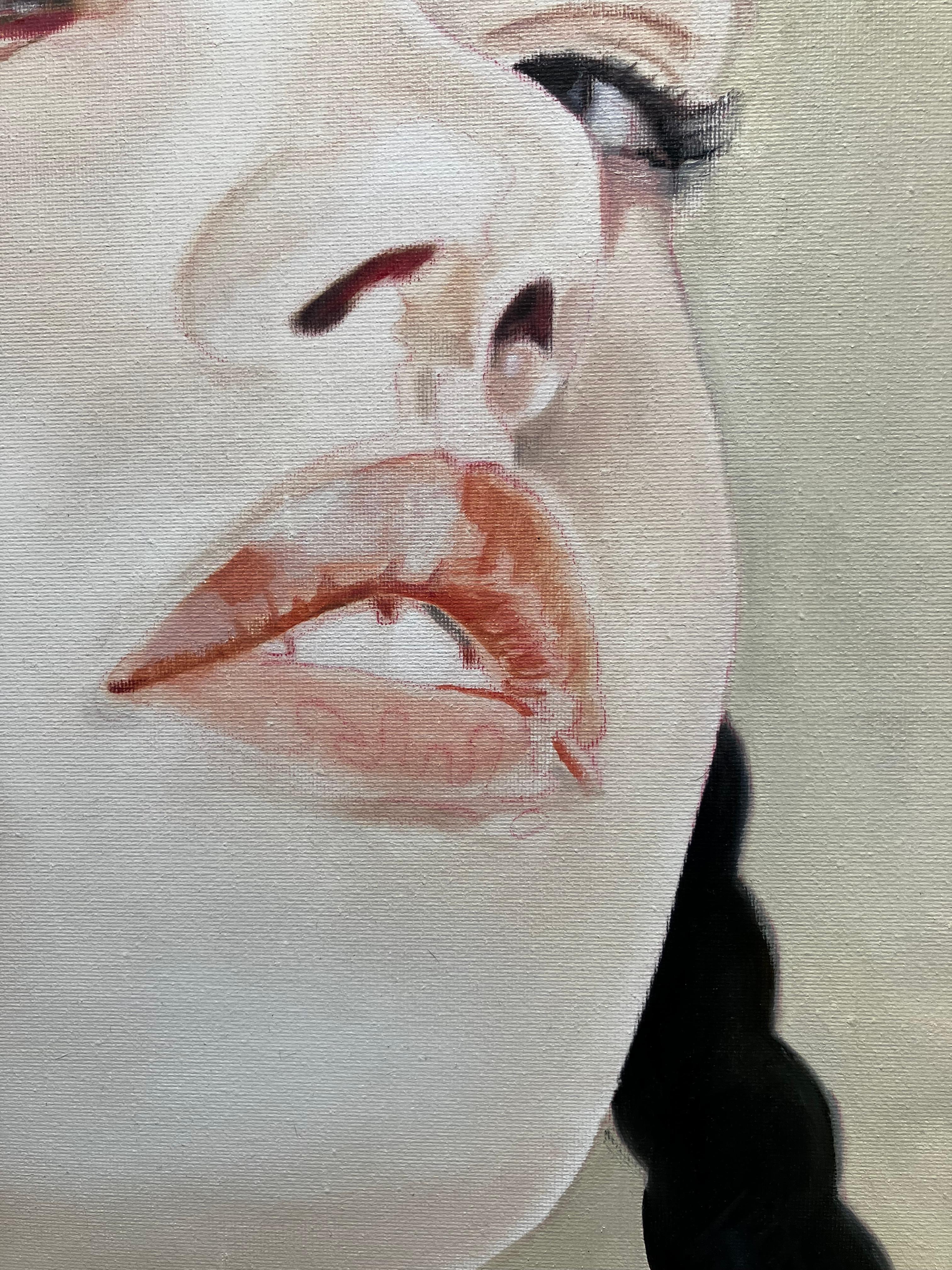 ''Julia'' Peinture contemporaine hollandaise d'une jeune fille aux tresses noires - Beige Portrait Painting par Yvonne Michiels
