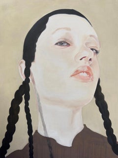 Used ''Julia'' Contemporary Dutch Portrait Painting of a Girl with Black Braids