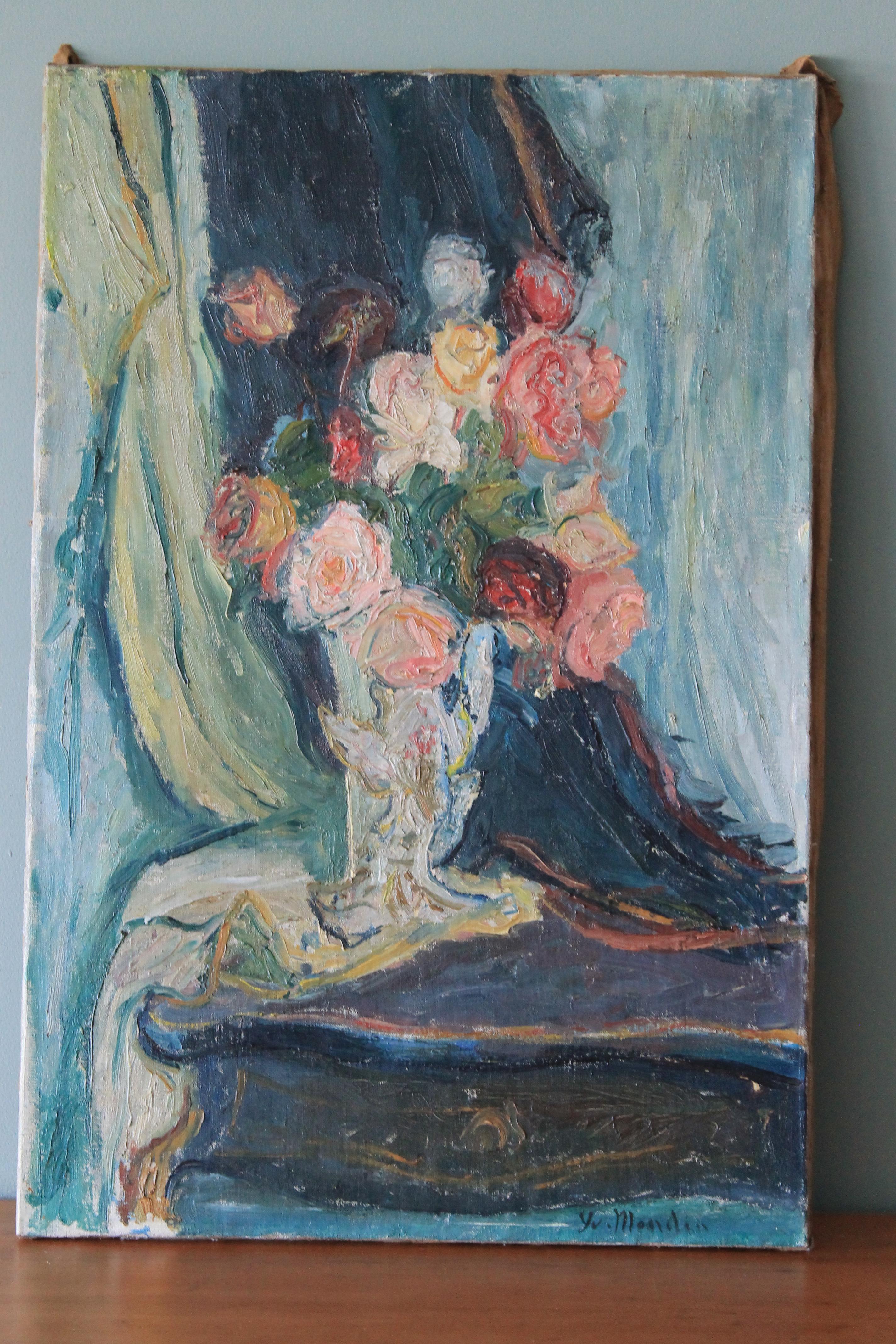 Antiguo óleo Rosas sobre lienzo de la artista francesa Yvonne Mondin 1