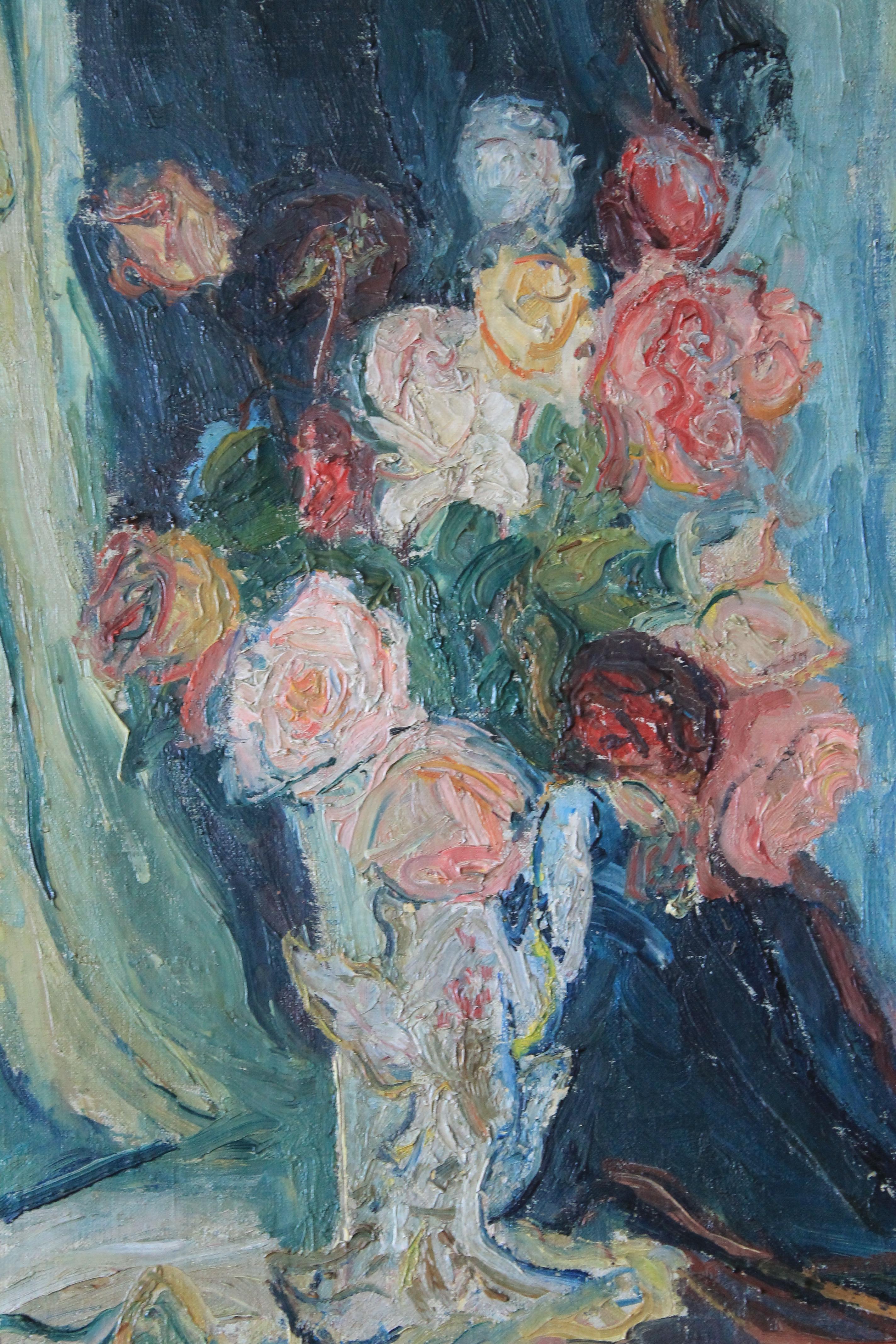 Antiguo óleo Rosas sobre lienzo de la artista francesa Yvonne Mondin 2