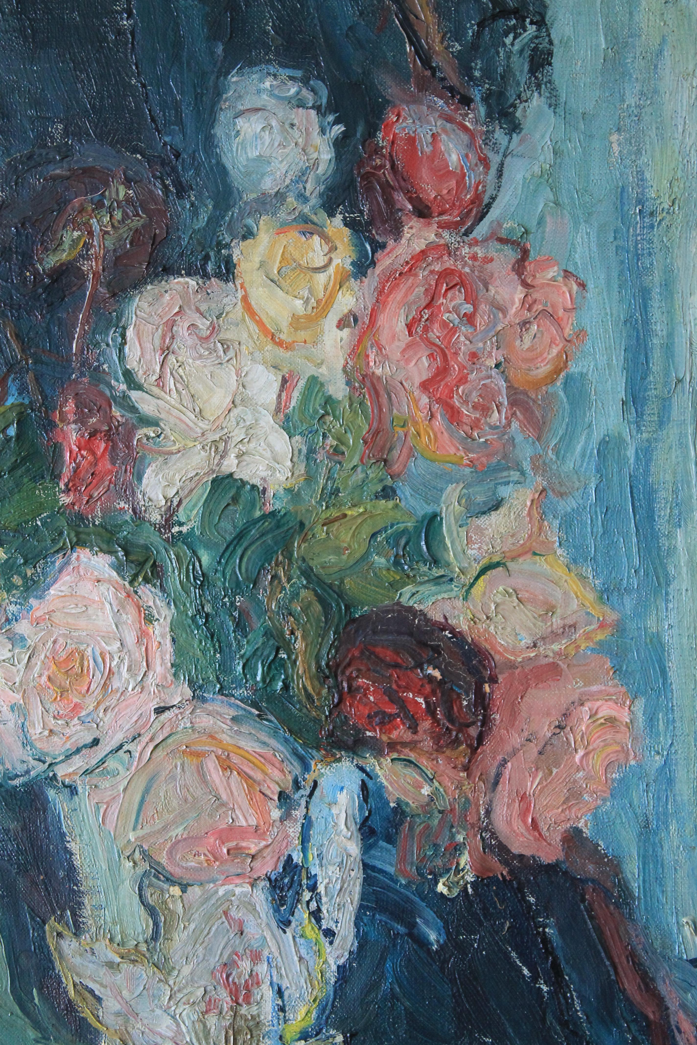 Antiguo óleo Rosas sobre lienzo de la artista francesa Yvonne Mondin 3