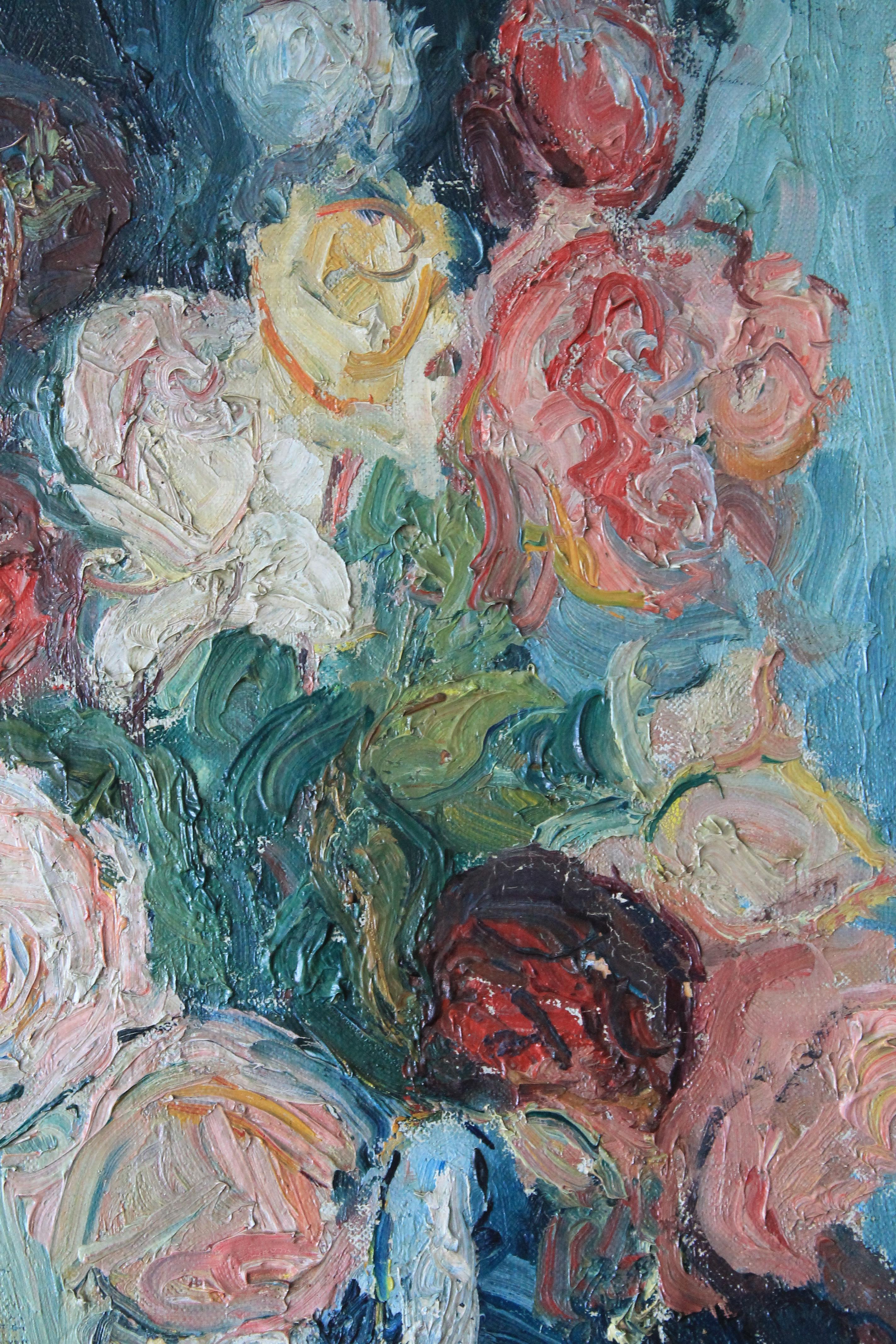 Antiguo óleo Rosas sobre lienzo de la artista francesa Yvonne Mondin 4