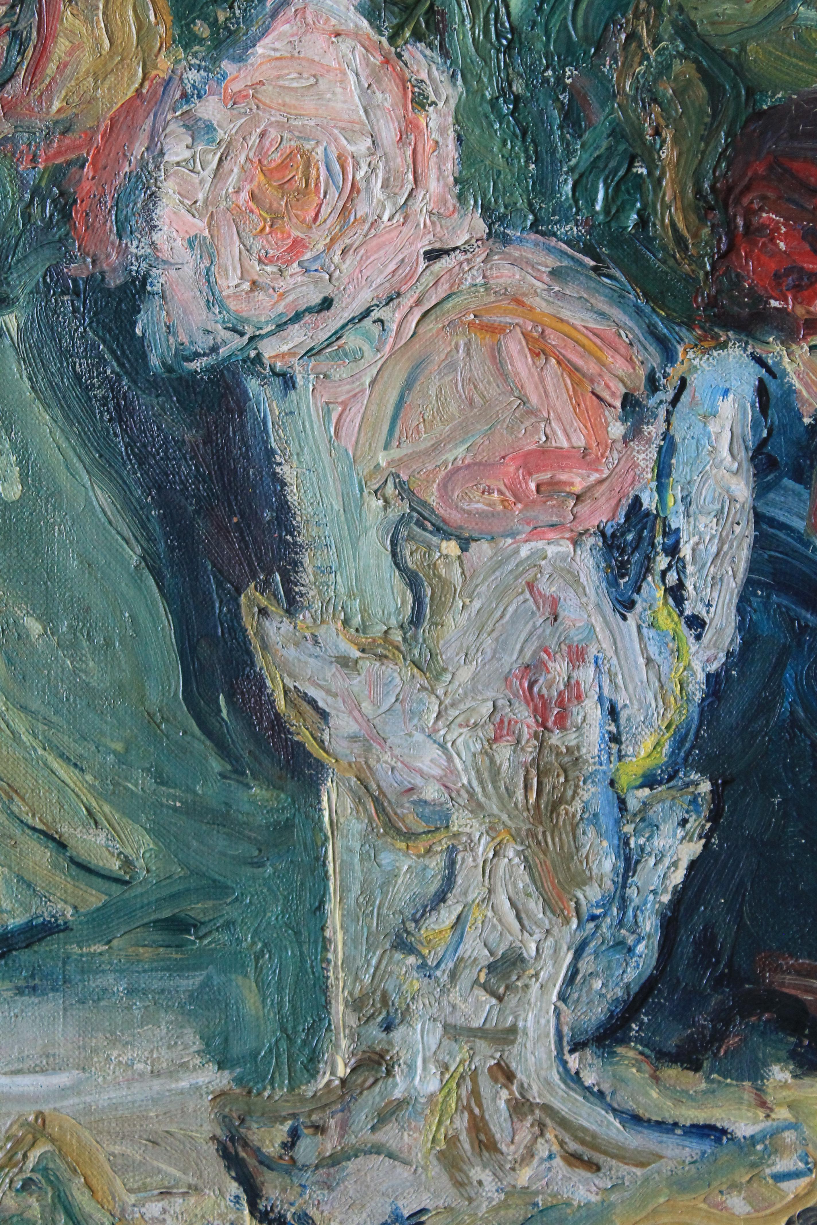 Antiguo óleo Rosas sobre lienzo de la artista francesa Yvonne Mondin 5