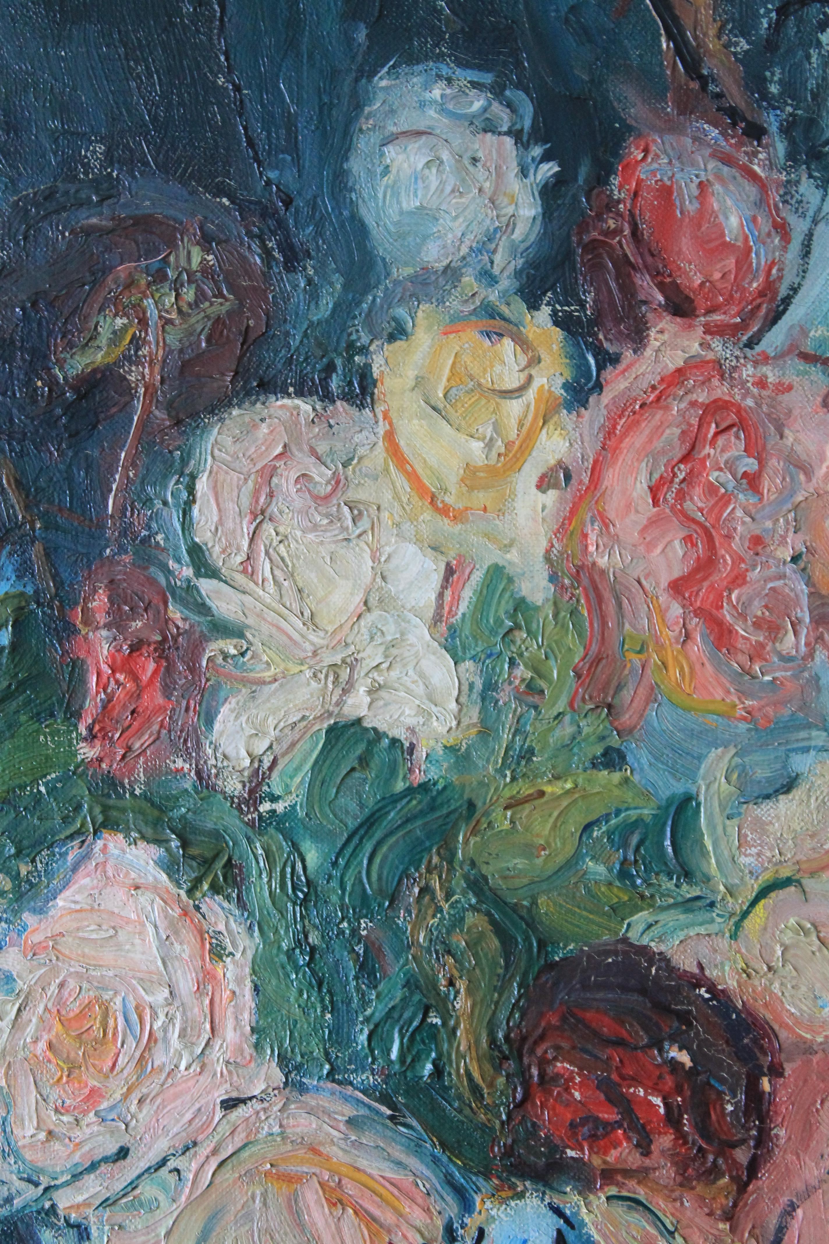 Antiguo óleo Rosas sobre lienzo de la artista francesa Yvonne Mondin 6