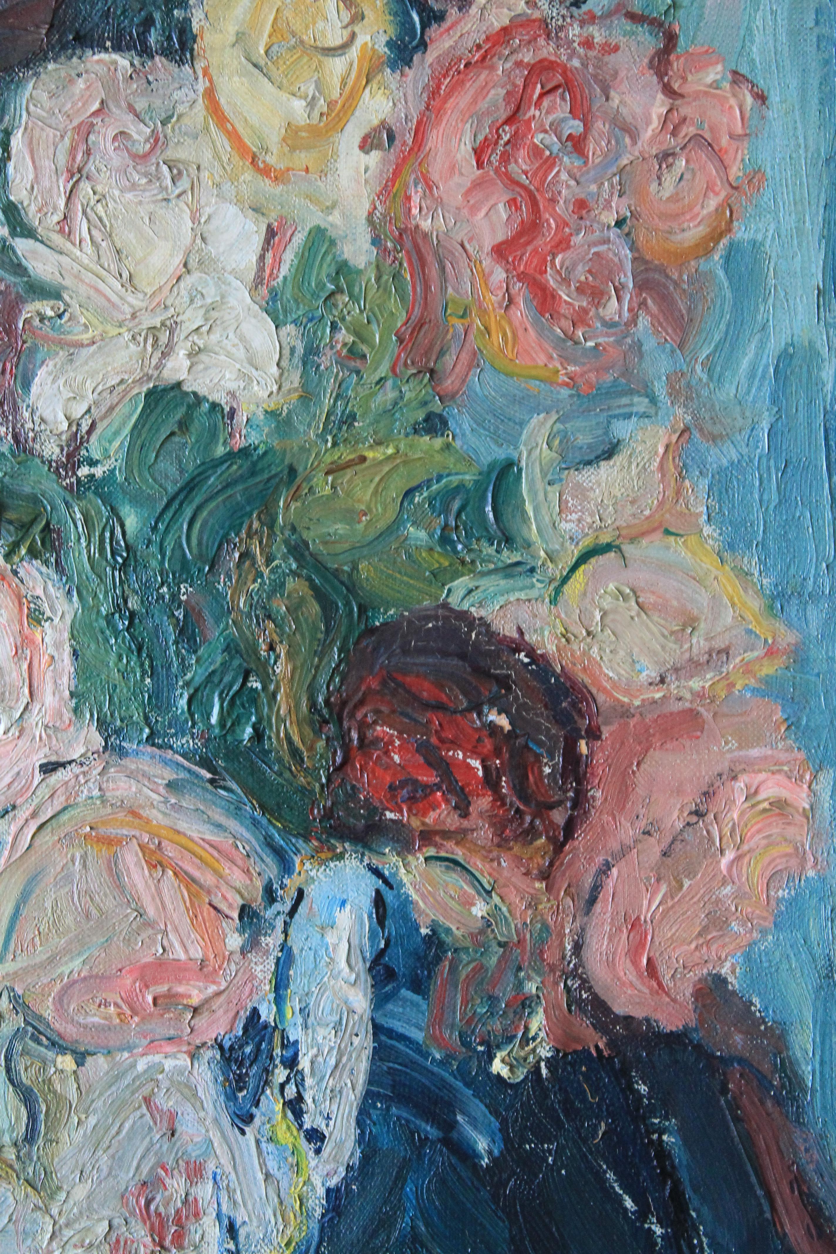 Antiguo óleo Rosas sobre lienzo de la artista francesa Yvonne Mondin 7