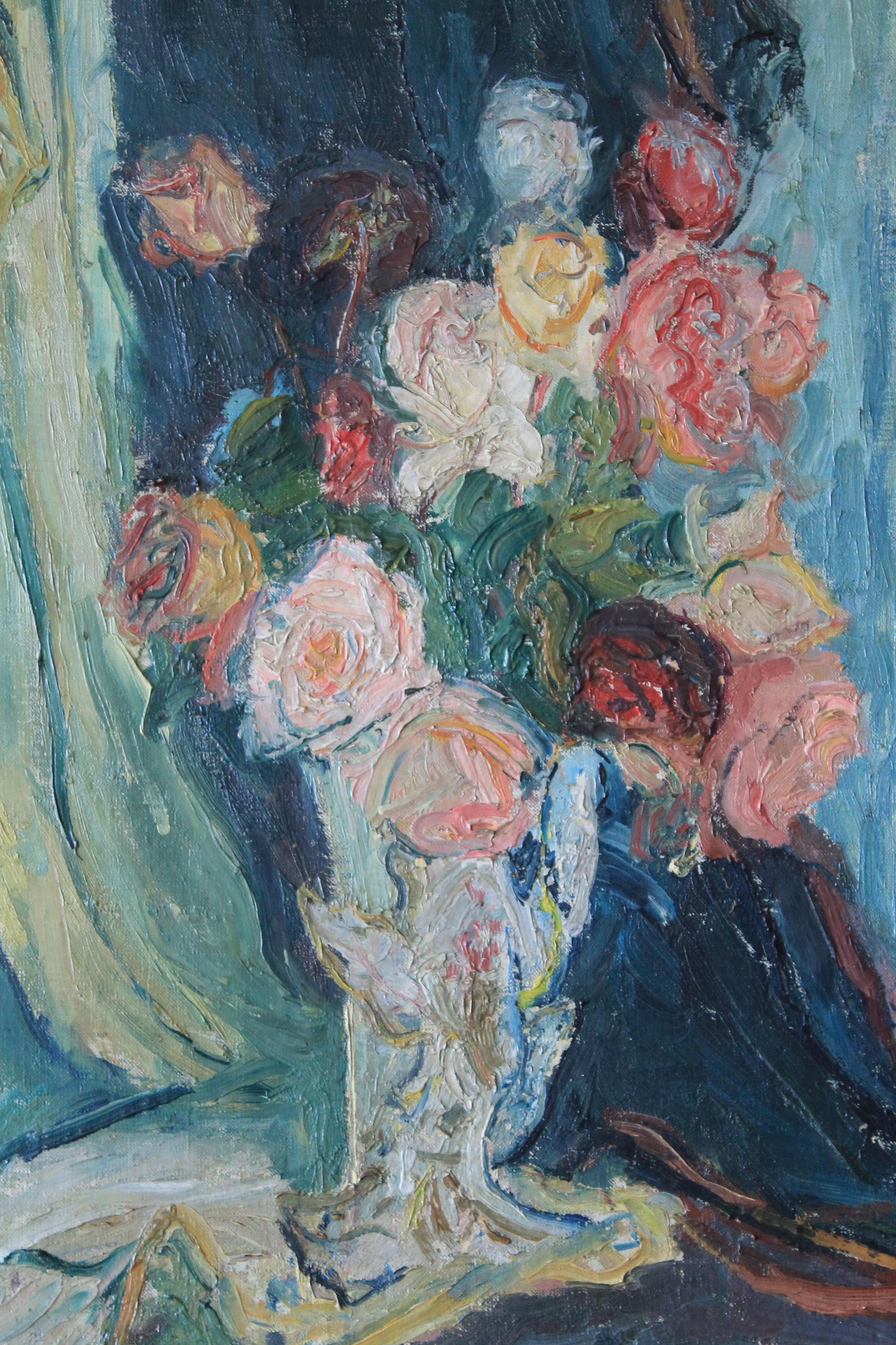 Antiguo óleo Rosas sobre lienzo de la artista francesa Yvonne Mondin 8