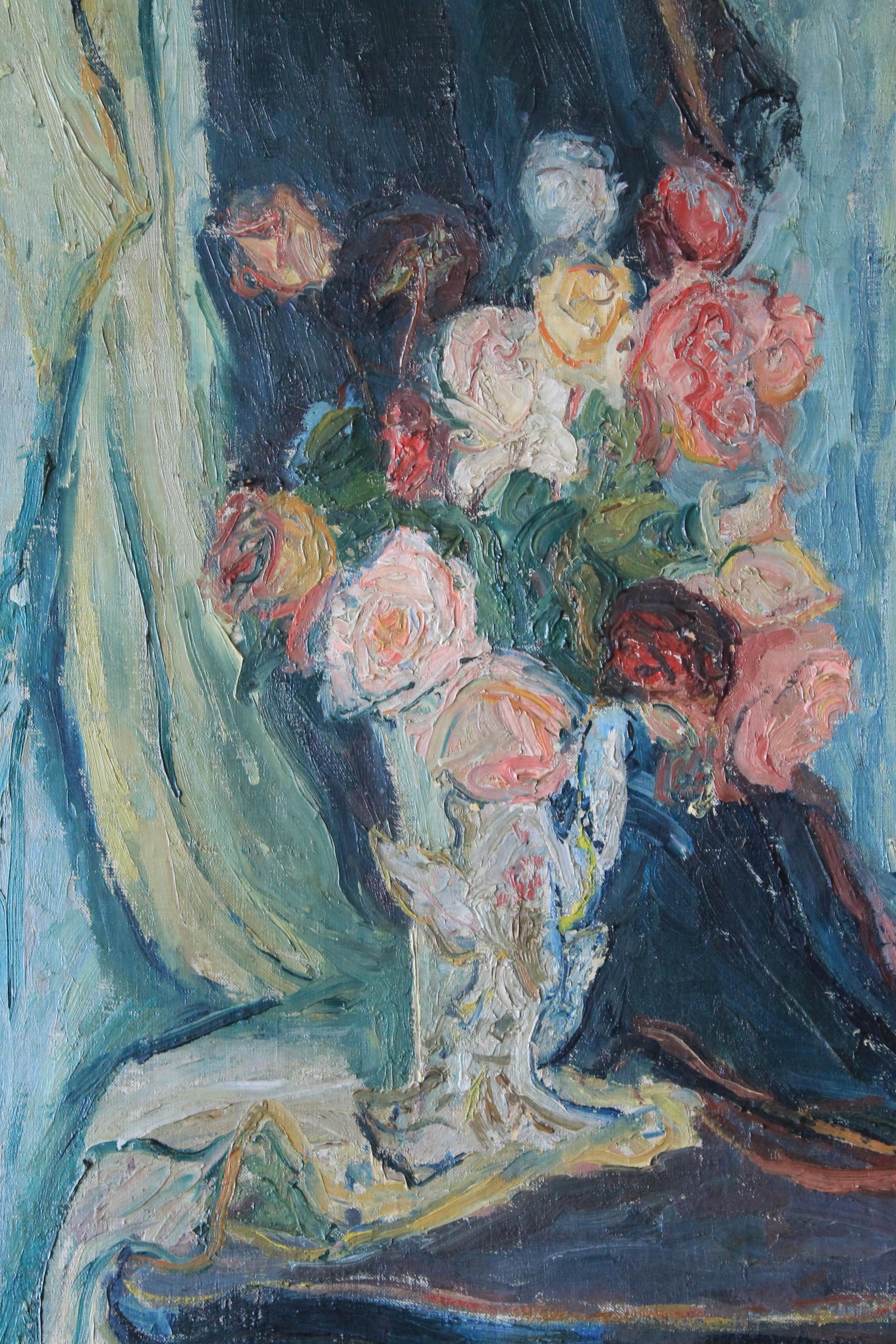 Impresionante óleo impresionista de época, de gran tamaño, de un delicioso y arremolinado despliegue floral de rosas o flores en un jarrón.  Este cuadro, óleo sobre lienzo estirado, data de los años 40, ¡es una declaración de intenciones!  Un bonito