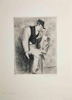 Man with the Pipe - Gravure originale de Yvonne Mondin - Milieu du XXe siècle