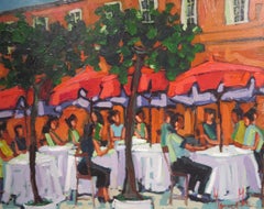 Original Large Colourful 20th Century Peruvian Oil Painting Cafe Street Scene
