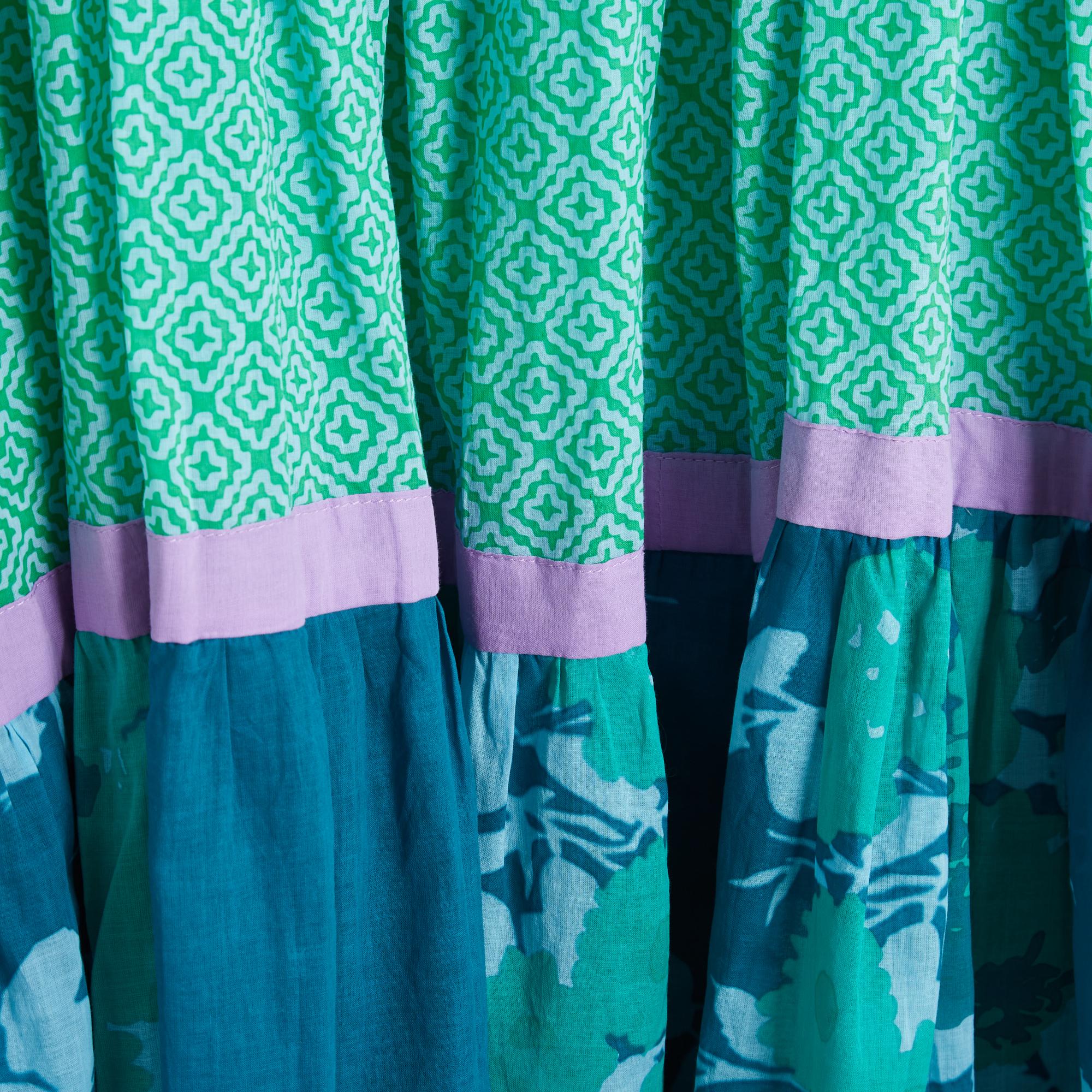 Yvonne S dress model Wind collection 2020, long, in multi-print cotton voile in shades of lagoon blue green highlighted with Rost ribbons, oversized and ultra fluid volume, unlined. International size S or 36FR or UK8 and US6 (but it is perfect from