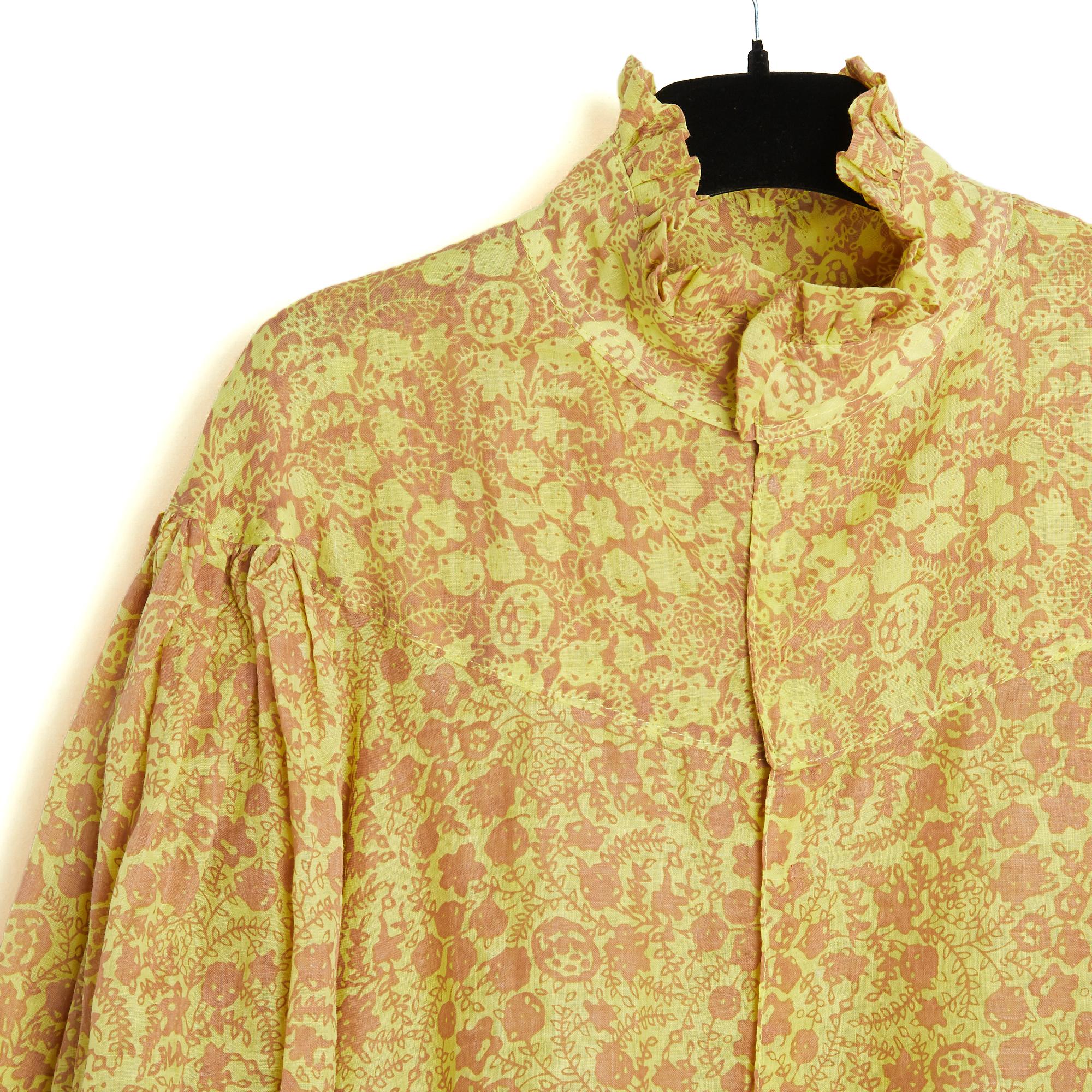 Verde Yvonne S 2021 Top Oversize FR38 M Lime Yellow Nude Linen Ruffles Blouse UK10 US8 in vendita